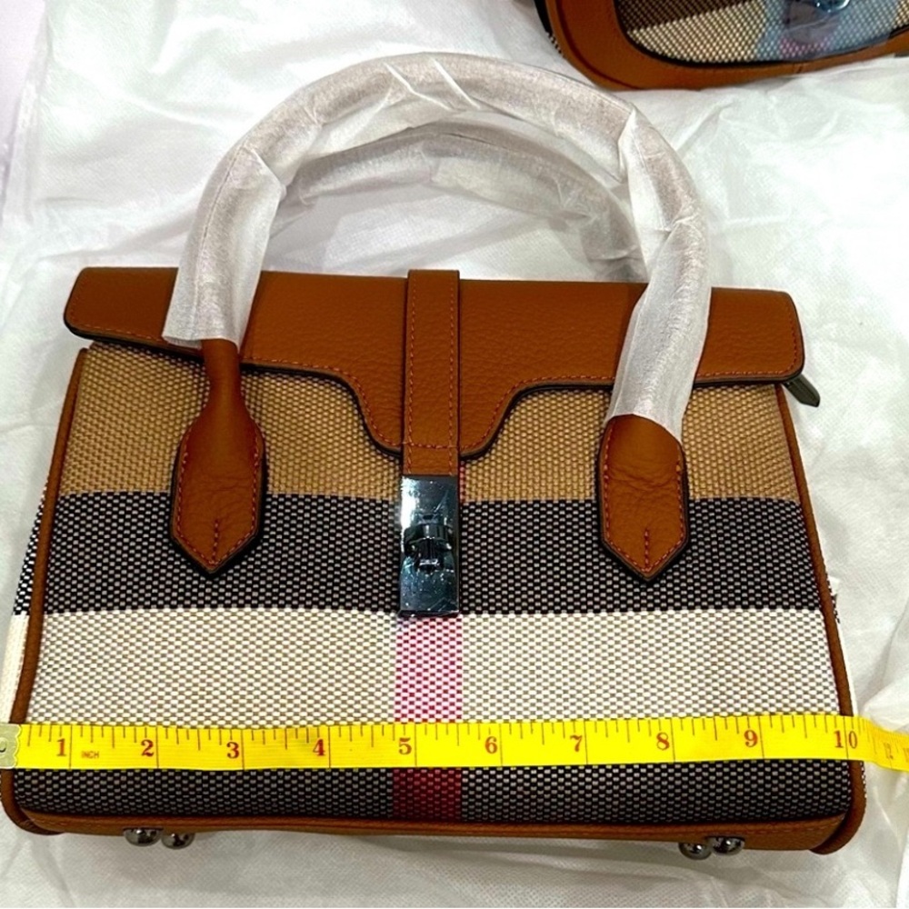 Genuine Leather Top Handle Small Handbag w/Checked Woven Fabric